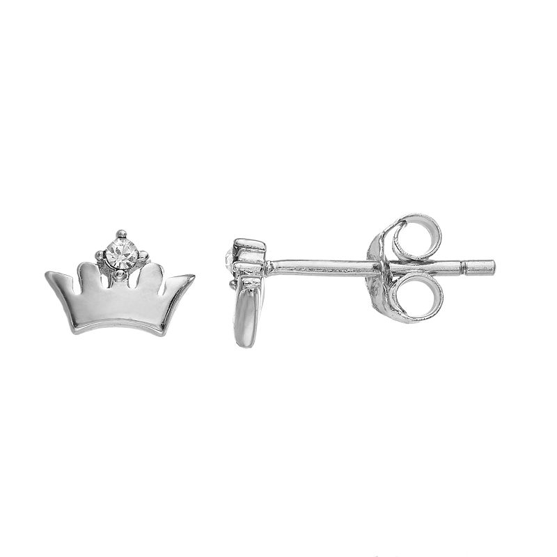 Fao Schwarz Sterling Silver Crown Stud Earrings with Swarovski Crystal, Gir