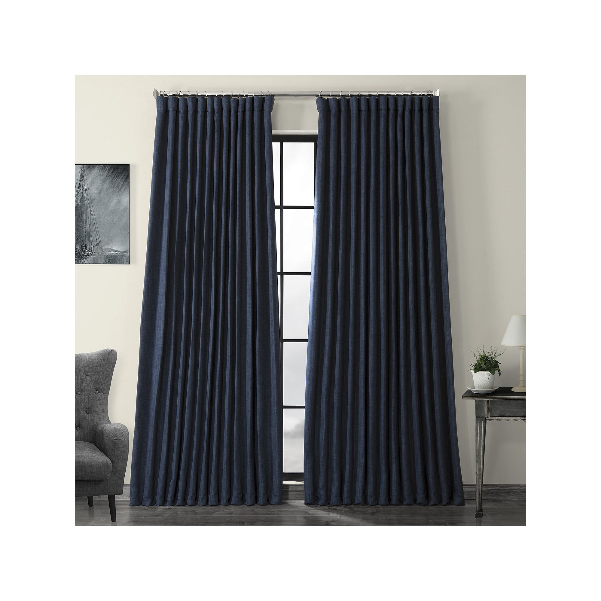 EFF Faux Linen Extra Wide Room Darkening Window Curtain Panel, Blue