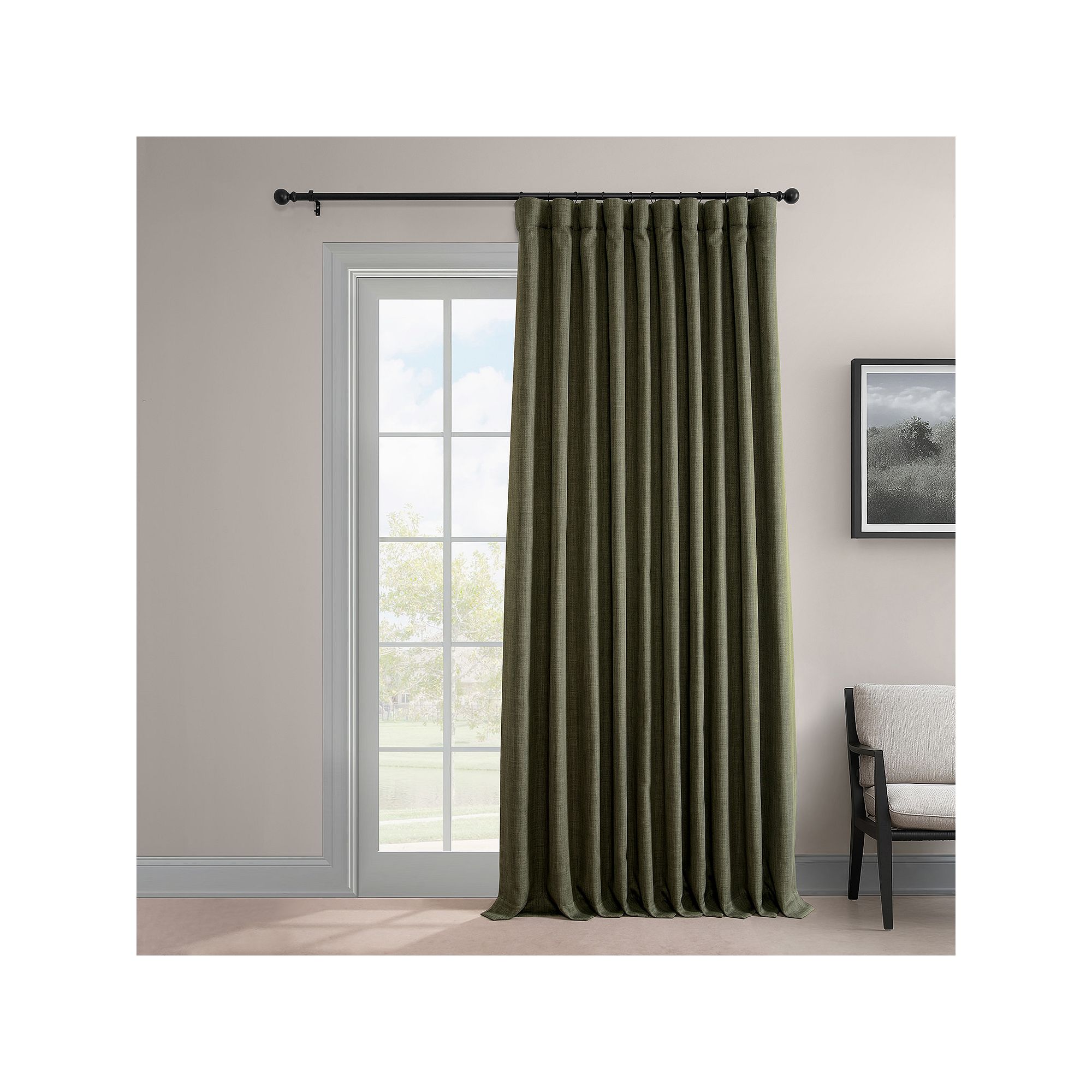 EFF Faux Linen Extra Wide Room Darkening Window Curtain Panel, Khaki Green