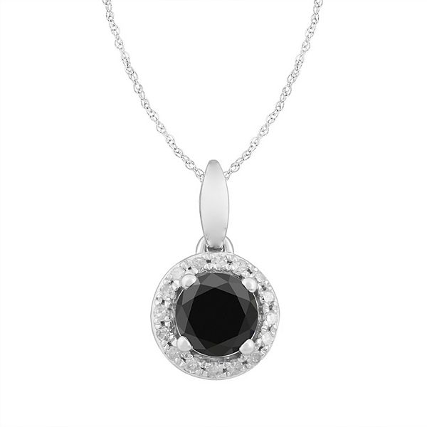 10k White Gold Black & White Diamond Round Halo Pendant Necklace