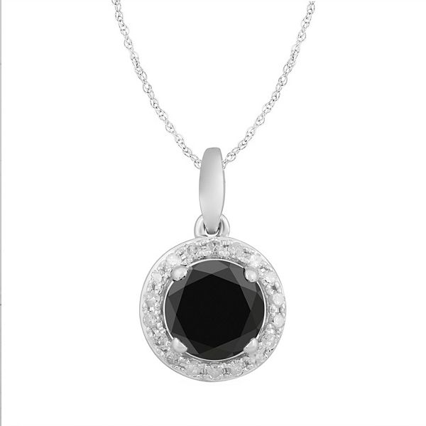 10k White Gold Black & White Diamond Round Halo Pendant Necklace