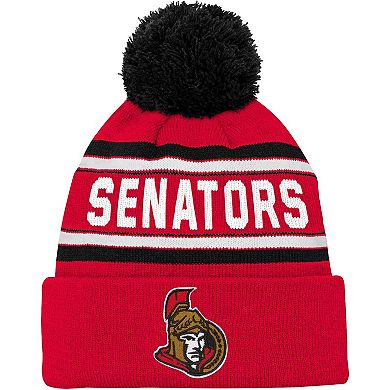 Youth Red Ottawa Senators Wordmark Cuffed Pom Knit Hat