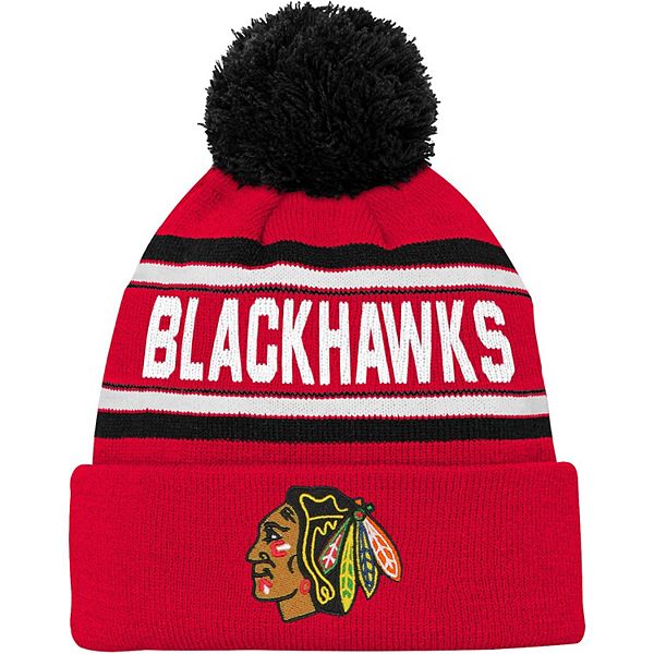 Youth Red Chicago Blackhawks Wordmark Cuffed Pom Knit Hat