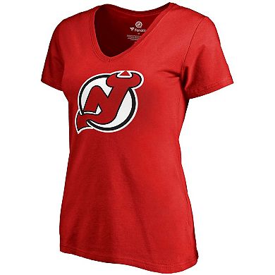 Women's Fanatics Branded Nico Hischier Red New Jersey Devils Plus Size Backer Name & Number V-Neck T-Shirt