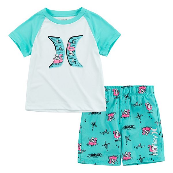 Toddler Boy Hurley Flamingo Logo UPF 50+ Raglan Rash Guard Top & Swim
