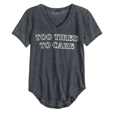 Juniors' "Too Tired To Care" Text High-Low Tee