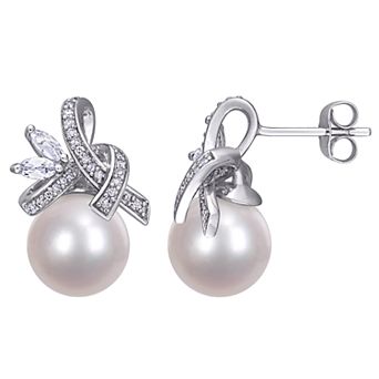 Stella Grace 10k White Gold 1/6 Carat T.W. Diamond, Freshwater Cultured Pearl & White Topaz Earrings