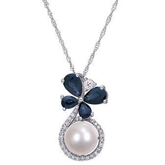 Stella Grace 10k White Gold 1/8 Carat T.W. Diamond, Freshwater Cultured Pearl & Sapphire Pendant Necklace
