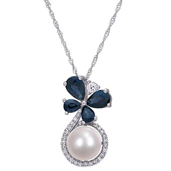 Stella Grace 10k White Gold 1/8 Carat T.W. Diamond, Freshwater Cultured Pearl & Sapphire Pendant Necklace