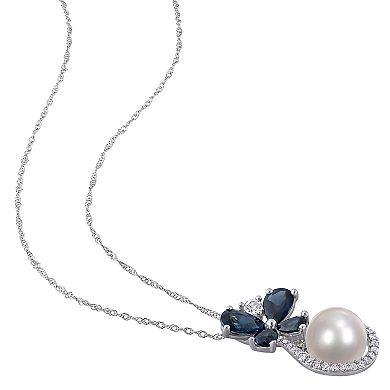 Stella Grace 10k White Gold 1/8 Carat T.W. Diamond, Freshwater Cultured Pearl & Sapphire Pendant Necklace