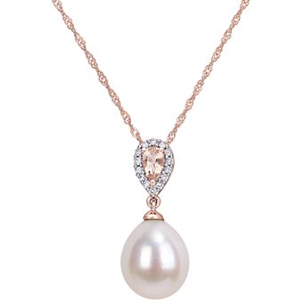 Stella Grace 10k Rose Gold Morganite, Freshwater Cultured Pearl & Diamond Accent Pendant Necklace