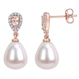 Stella Grace 10k Rose Gold 1/8 Carat T.W. Diamond, Morganite & Freshwater Cultured Pearl Drop Earrings