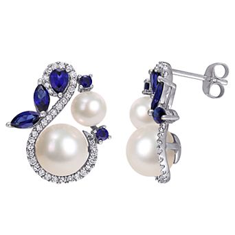 Stella Grace 10k White Gold Freshwater Cultured Pearl 1/3 Carat T.W. Diamond & Lab-Created Sapphire Earrings
