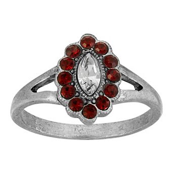 1928 Pewter Diamond Shaped Crystal with Red Crystals Ring