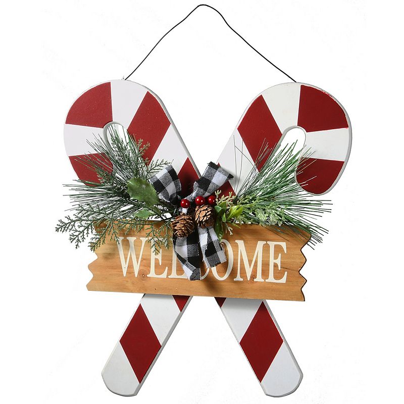 National Tree Company Candy Cane Holiday Welcome Wall Sign, Red