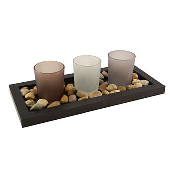 LumaBase Wooden Pebble Tray & Candleholders 4 pc Set