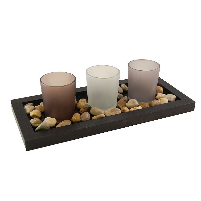 LumaBase Wooden Pebble Tray & Candleholders 4-Piece Set, Multicolor