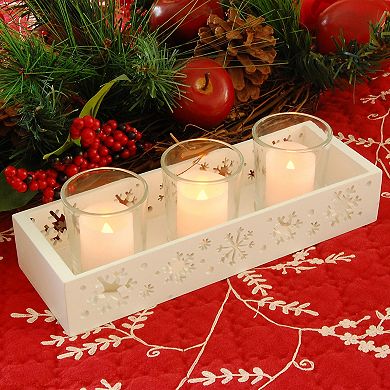 Wooden Snowflake Tray with 3 Glass Candleholders