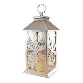 Battery Operated Lantern with LED Candle - Silver Snowflake