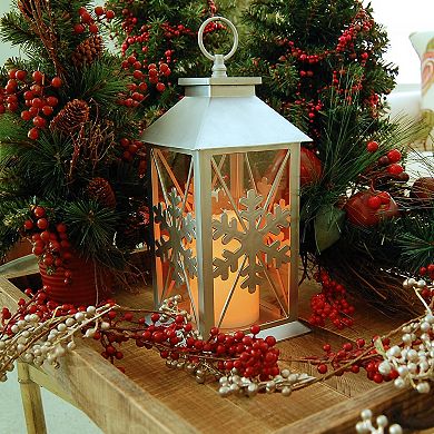 Battery Operated Lantern with LED Candle - Silver Snowflake