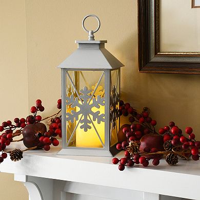 Battery Operated Lantern with LED Candle - Silver Snowflake