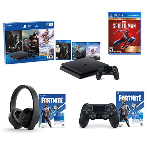PlayStation 4 Slim 1TB Greatest Hits Console Bundle with Spider-Man Game, PS4 Wireless Gold Headset & Extra Controller