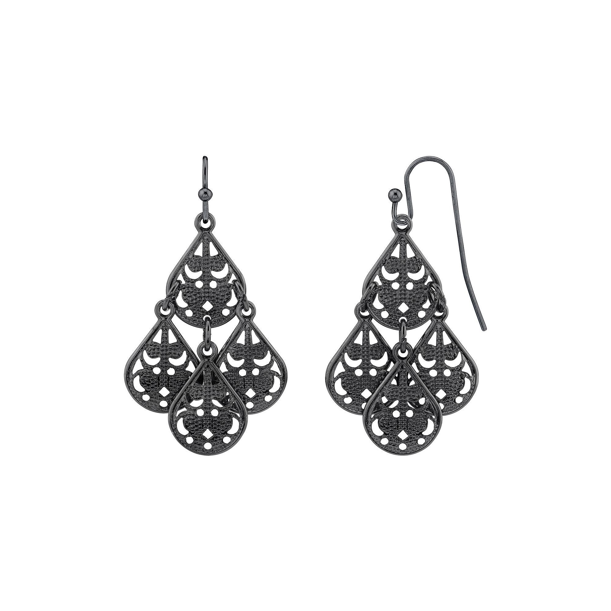 1928 Black-Tone Pear Shaped Filigree Drop Earrings, Womens