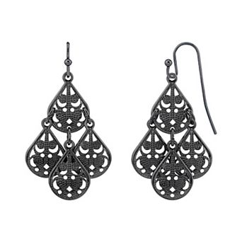 1928 Black-Tone Pear Shaped Filigree Drop Earrings