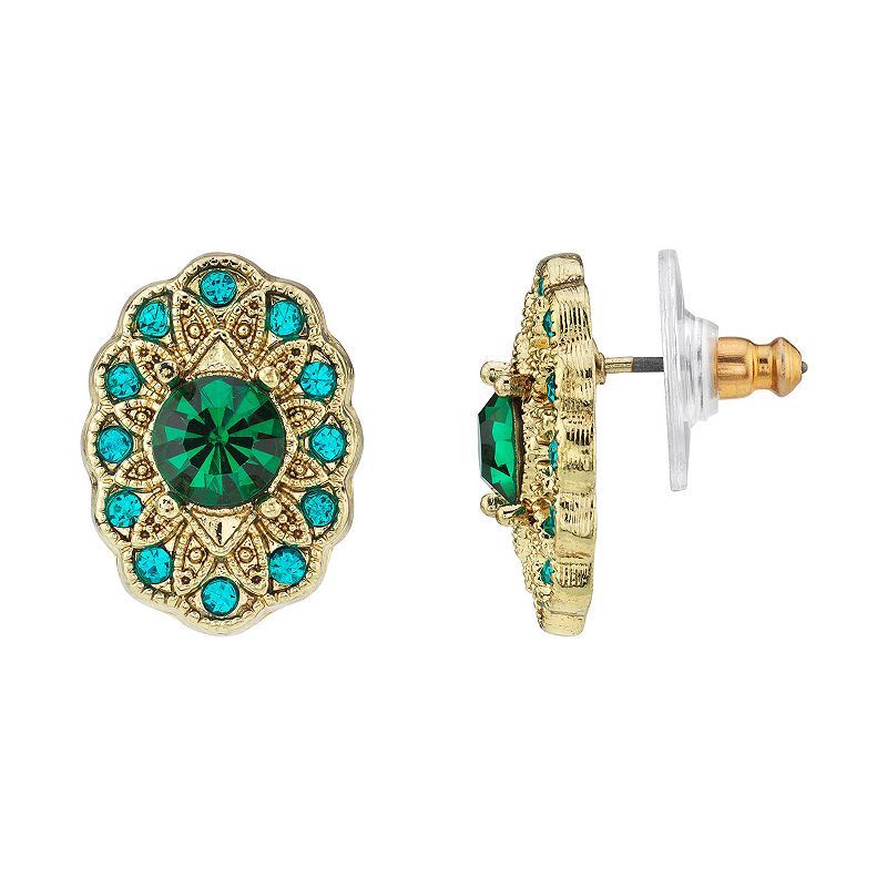1928 Gold-Tone Green & Blue Zircon Color Crystal Oval Button Earrings, Wome