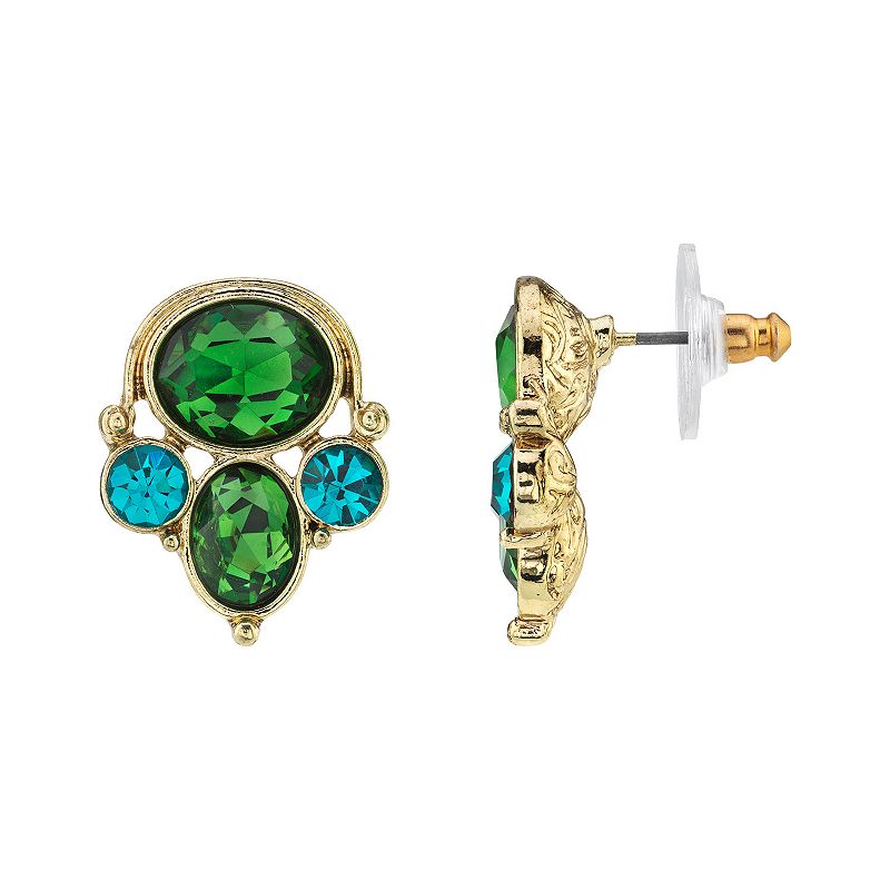 1928 Gold-Tone Green & Blue Zircon Color Cluster Earrings, Womens