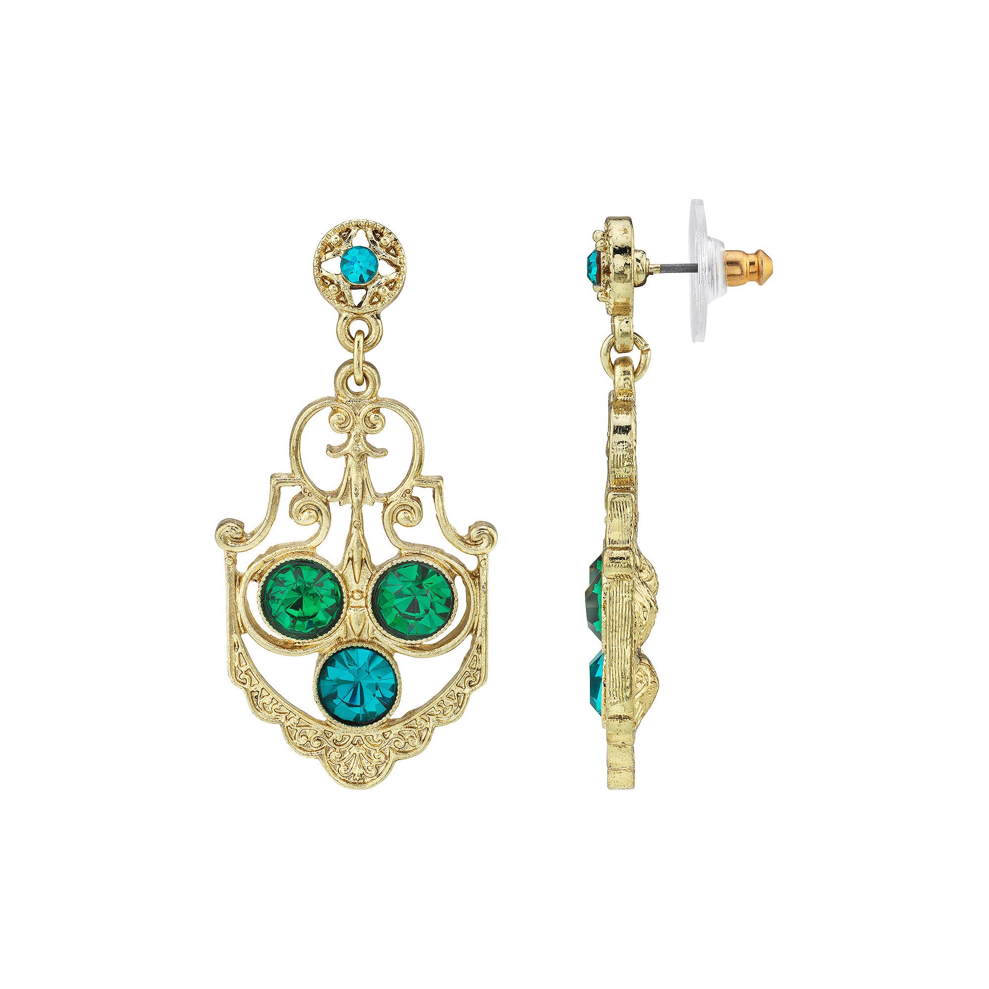 1928 Gold-Tone Blue Zircon Color & Green Crystal Drop Earrings, Womens