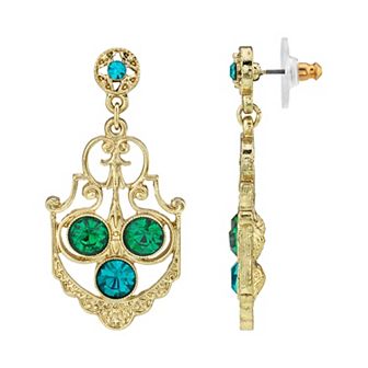 1928 Gold-Tone Blue Zircon Color & Green Crystal Drop Earrings