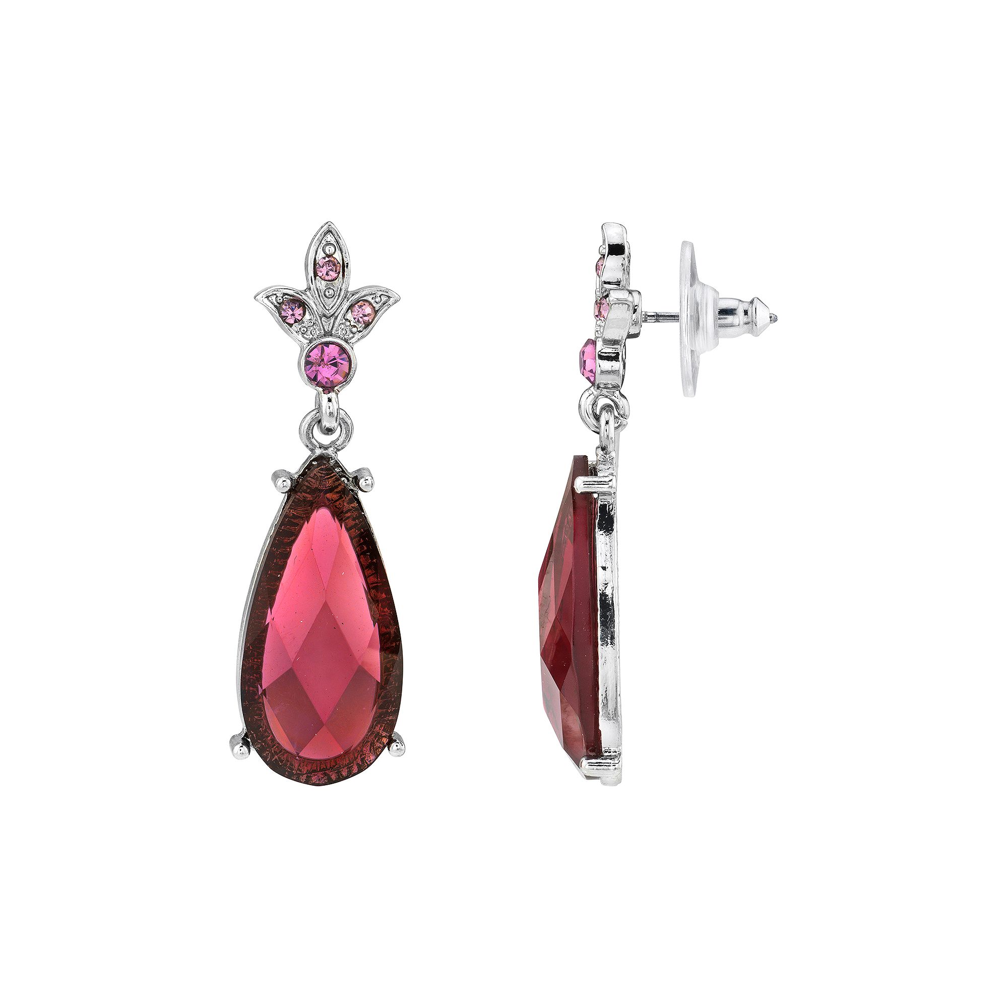 1928 Silver-Tone Purple Crystals Teardrop Earrings, Womens