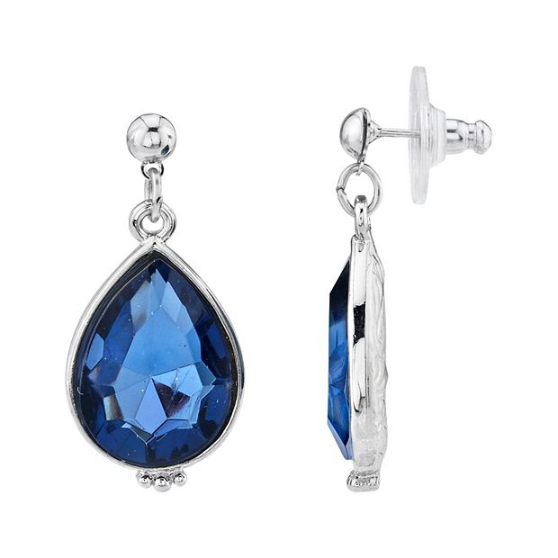 1928 Silver Tone Blue Teardrop Earrings