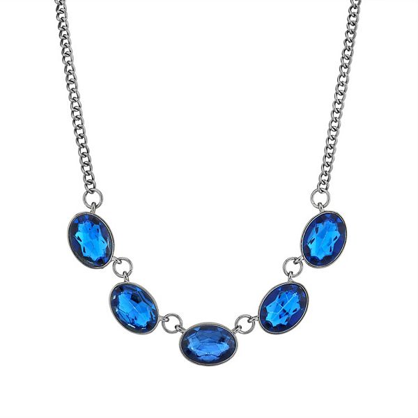 1928 Black-Tone Sapphire Blue Color Oval Collar Necklace