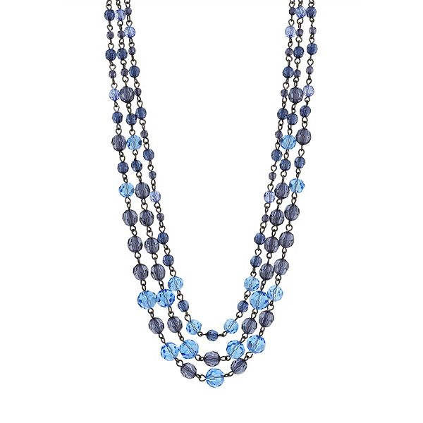 1928 Hematite Blue Tonal 3-Strand Beaded Necklace