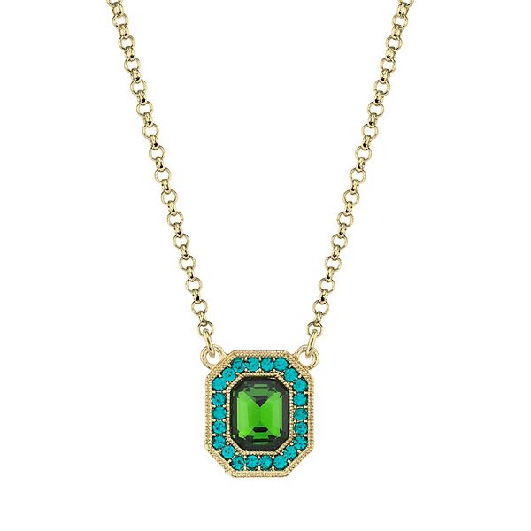 1928 Gold-Tone Green & Blue Zircon-Color Crystal Octagon Pendant Necklace