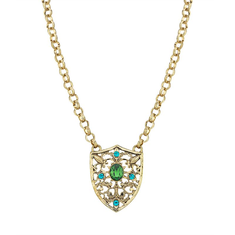 1928 Gold-Tone Blue Zircon & Emerald Crystal Shield Pendant Necklace, Women