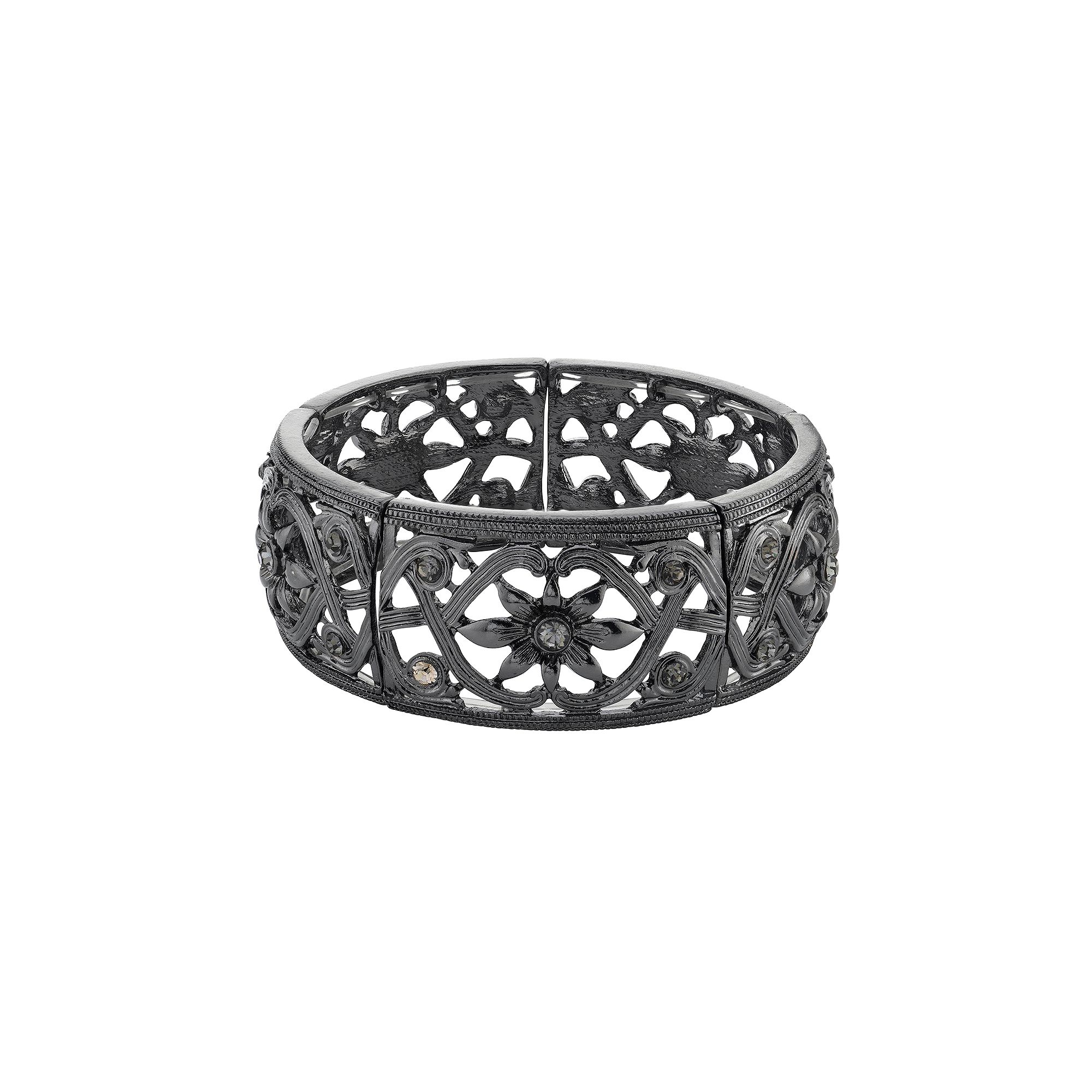 1928 Hematite-Tone Black Diamond Flower Stretch Bracelet, Womens
