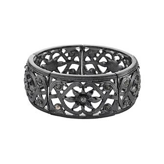 1928 Hematite-Tone Black Diamond Flower Stretch Bracelet