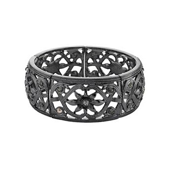 1928 Hematite-Tone Black Diamond Flower Stretch Bracelet