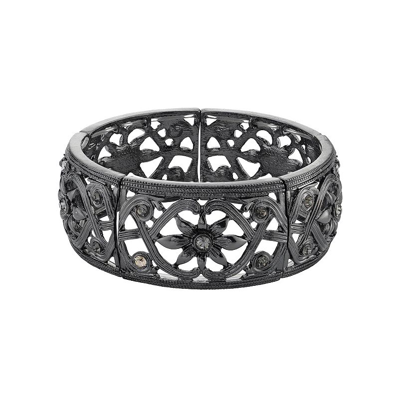 1928 Hematite-Tone Black Diamond Flower Stretch Bracelet, Womens
