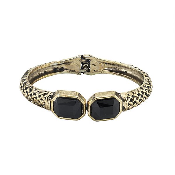 1928 Antiqued Gold-Tone Textured Cuff Bracelet with Faceted Black Stones
