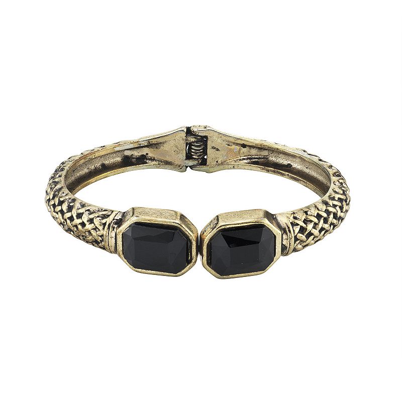 1928 Antiqued Gold-Tone Textured Cuff Bracelet with Faceted Black Stones, W