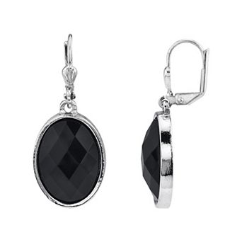 1928 Silver Tone Black Oval Faceted Drop Earrings