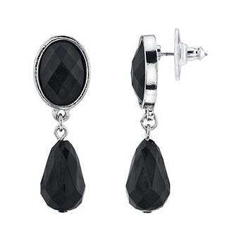 1928 Silver Tone Black Faceted Teardrop Drop Earrings