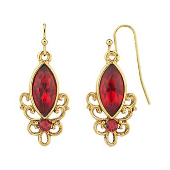 1928 Gold Tone Red Simulated Crystal Filigree Drop Earrings