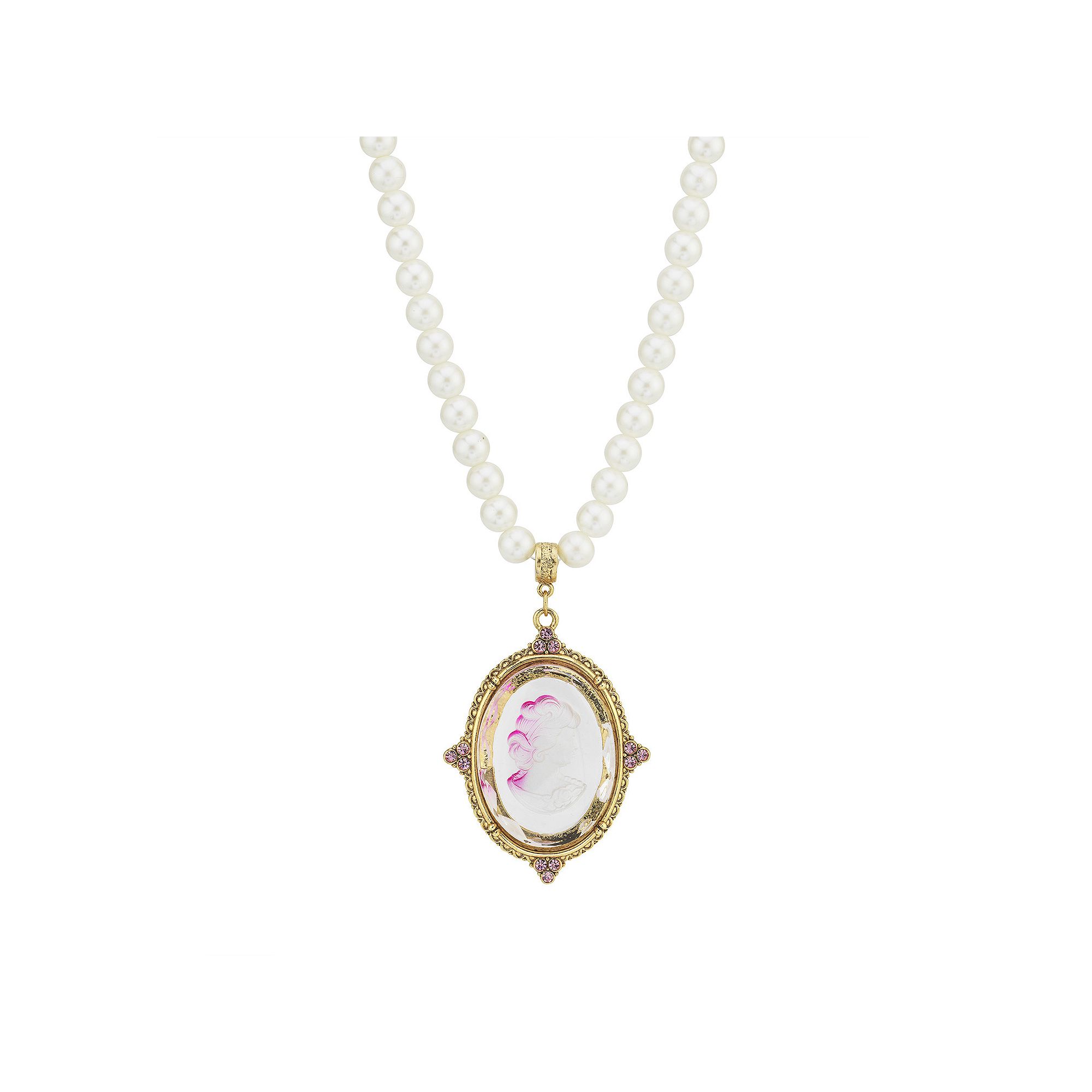 1928 Gold Tone Simulated Pearl & Pink Intaglio Cameo Pendant Necklace, Wome