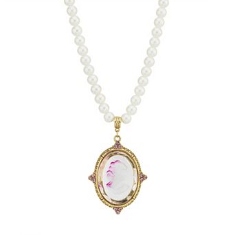 1928 Gold Tone Simulated Pearl & Pink Intaglio Cameo Pendant Necklace