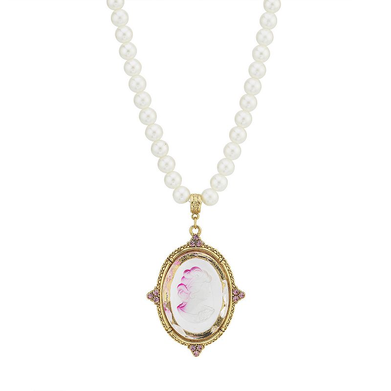 1928 Gold Tone Simulated Pearl & Pink Intaglio Cameo Pendant Necklace, Wome